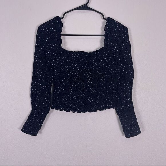 Reformation Black with White Polka Dot Smocked Long Sleeve Blouse Top - Picture 1 of 8